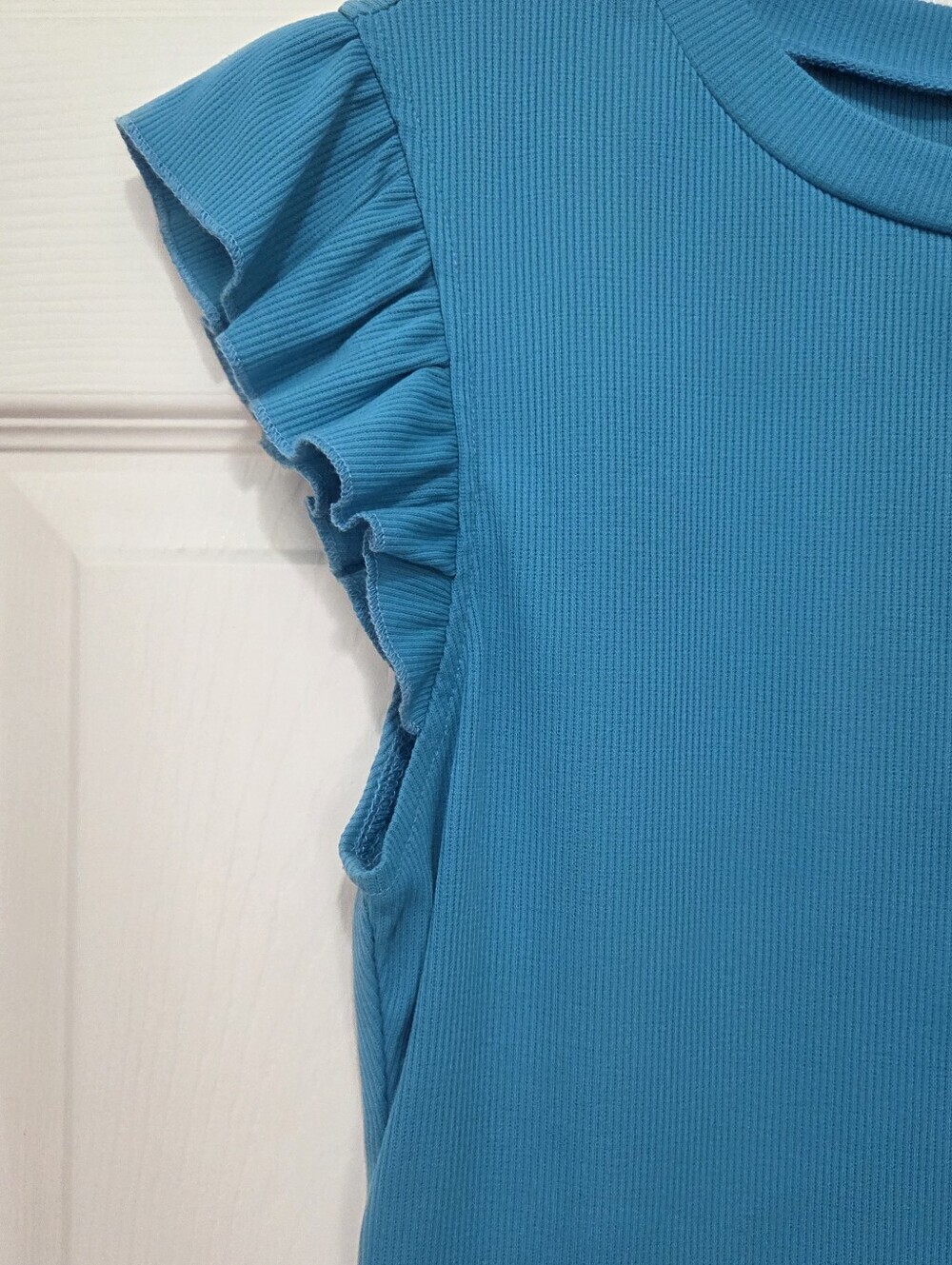 Women Aqua Blue Ribbed Crewneck Ruffle Sleeve Top Size Medium Summer Spring - Picture 3 of 7